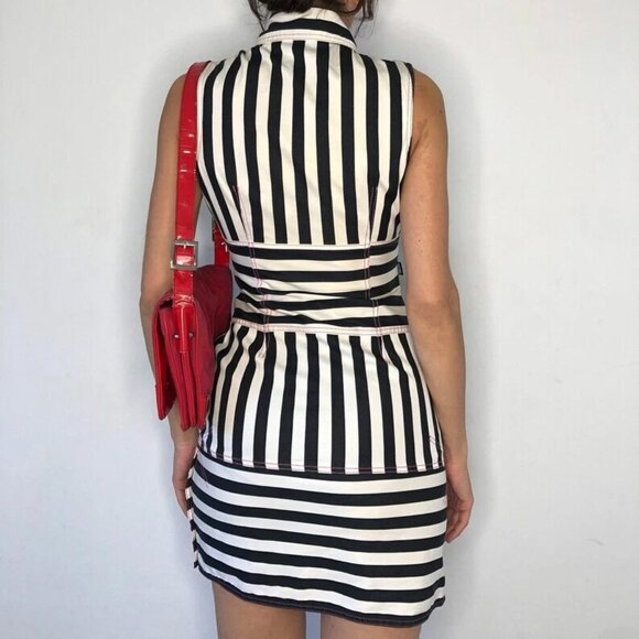 MOSCHINO JEANS BLACK WHITE STRIPED PINK STITCH BUTTON VINTAGE 1990S DRESS USA 8 - Picture 7 of 16